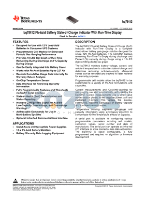 BQ78412 datasheet - Pb-Acid Battery State-of-Charge Indicator With Run-Time Display