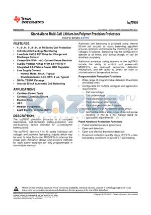 BQ77910DBT datasheet - Stand-Alone Multi-Cell Lithium-Ion/Polymer Precision Protectors