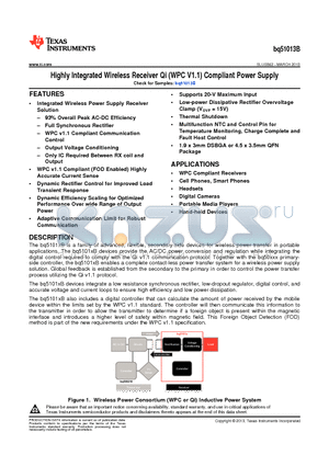 BQ51013BRHLR datasheet - Highly Integrated Wireless Receiver Qi (WPC V1.1) Compliant Power Supply