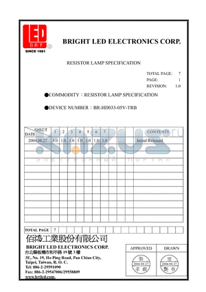 BR-HD033-05V-TRB datasheet - RESISTOR LAMP SPECIFICATION