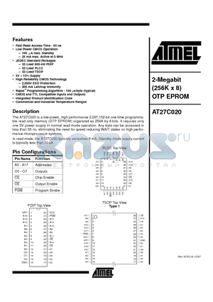 AT27C020-55JC datasheet - 2-Megabit 256K x 8 OTP EPROM