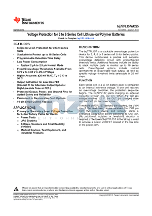 BQ77PL157APW-4225 datasheet - Voltage Protection for 3 to 6 Series Cell Lithium-Ion/Polymer Batteries