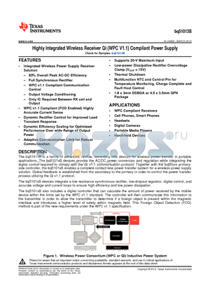 BQ51013BYFPT datasheet - Highly Integrated Wireless Receiver Qi (WPC V1.1) Compliant Power Supply