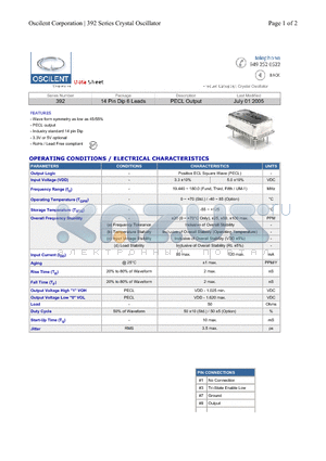 392-28.0M-3DN-TNC datasheet - 14 Pin Dip 6 Leads PECL Output