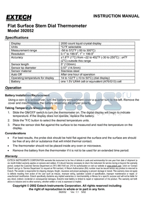 392052 datasheet - Flat Surface Stem Dial Thermometer