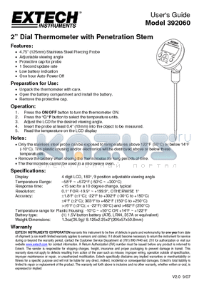 392060 datasheet - 2inch Dial Thermometer with Penetration Stem