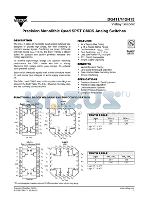 DG411DJ-E3 datasheet - Precision Monolithic Quad SPST CMOS Analog Switches