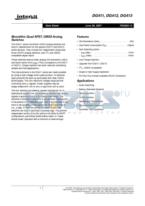 DG411DJZ datasheet - Monolithic Quad SPST, CMOS Analog Switches