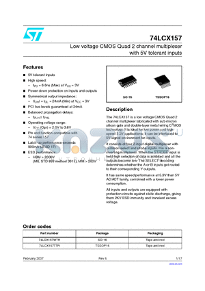 74LCX157TTR datasheet - Low voltage CMOS Quad 2 channel multiplexer with 5V tolerant inputs
