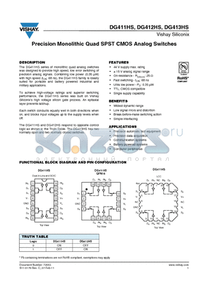 DG411HSDY datasheet - Precision Monolithic Quad SPST CMOS Analog Switches