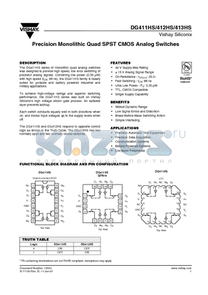 DG411HSDY-T1-E3 datasheet - Precision Monolithic Quad SPST CMOS Analog Switches