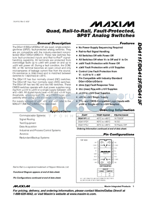 DG411FDY datasheet - Quad, Rail-to-Rail, Fault-Protected, SPST Analog Switches