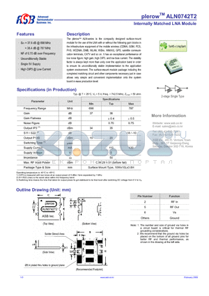 ALN0742T2 datasheet - Internally Matched LNA Module