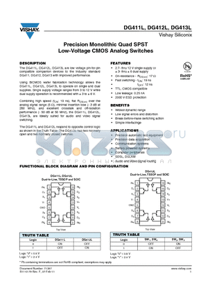 DG411LDQ-T1-E3 datasheet - Precision Monolithic Quad SPST Low-Voltage CMOS Analog Switches