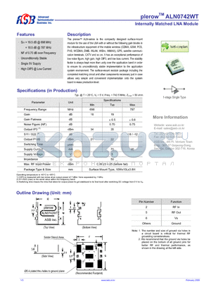 ALN0742WT datasheet - Internally Matched LNA Module