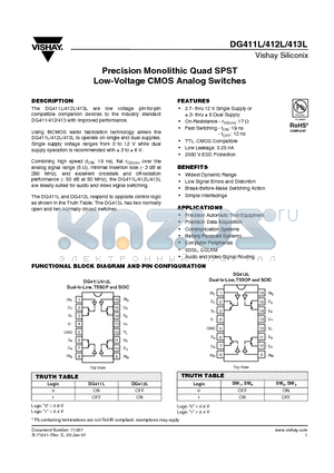 DG411LDY datasheet - Precision Monolithic Quad SPST Low-Voltage CMOS Analog Switches