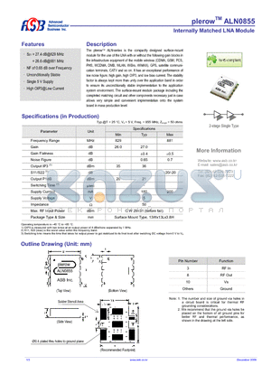 ALN0855 datasheet - Internally Matched LNA Module