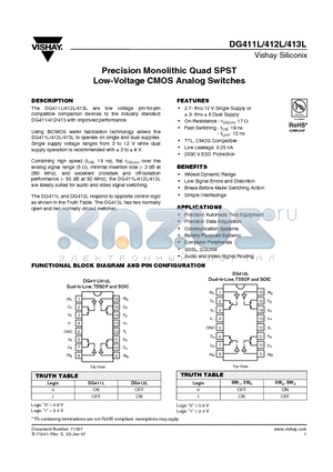 DG411L_08 datasheet - Precision Monolithic Quad SPST Low-Voltage CMOS Analog Switches