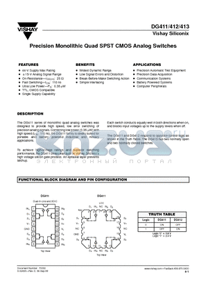 DG412 datasheet - Precision Monolithic Quad SPST CMOS Analog Switches
