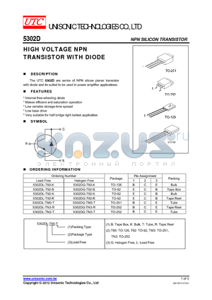 5302D datasheet - HIGH VOLTAGE NPN TRANSISTOR WITH DIODE