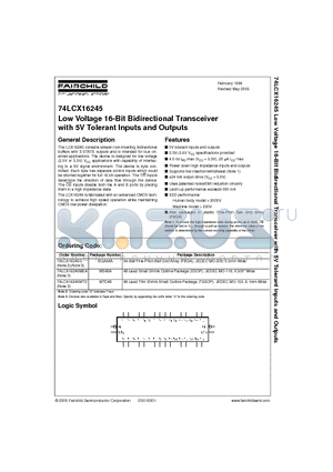 74LCX16245GX datasheet - Low Voltage 16-Bit Bidirectional Transceiver with 5V Tolerant Inputs and Outputs