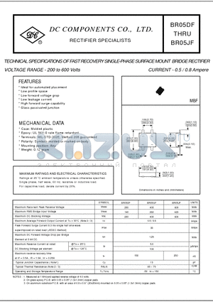 BR05DF datasheet - TECHNICAL SPECIFICATIONS OF FAST RECOVERY SINGLE-PHASE SURFACE MOUNT BRIDGE RECTIFIER VOLTAGE RANGE