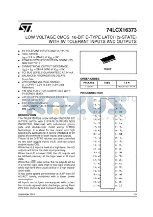 74LCX16373 datasheet - LOW VOLTAGE CMOS 16-BIT D-TYPE LATCH(3-STATE)WITH 5V TOLERANT INPUTS AND OUTPUTS