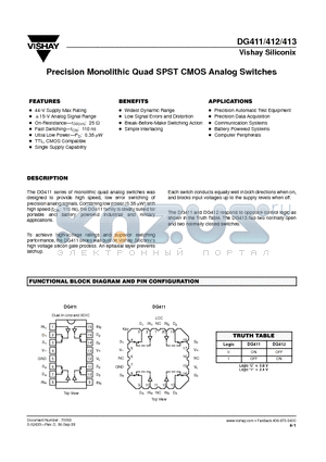 DG412AK883 datasheet - Precision Monolithic Quad SPST CMOS Analog Switches