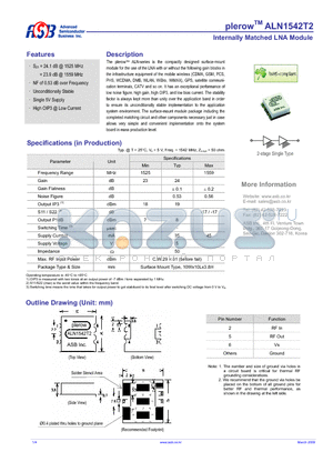 ALN1542T2 datasheet - Internally Matched LNA Module