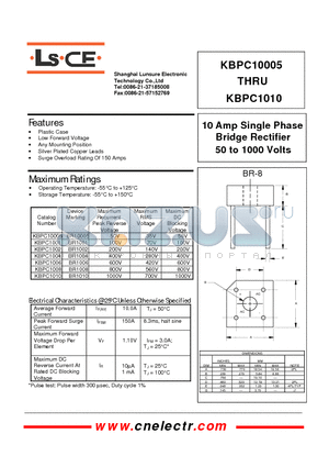 BR10005 datasheet - 10 Amp single phase bridge rectifier 50to1000volts