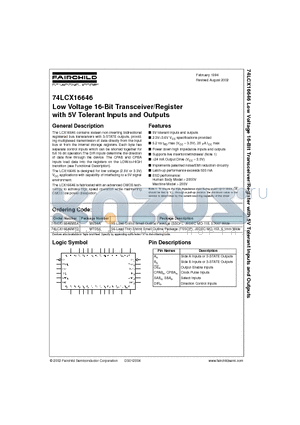 74LCX16646 datasheet - Low Voltage 16-Bit Transceiver/Register with 5V Tolerant Inputs and Outputs