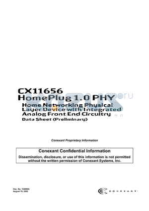 CX11656 datasheet - Home Networking Physical Layer Device with Integrated Analog Front End Circuitry Data Sheet (Preliminary)