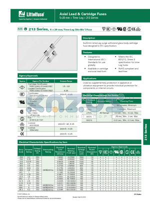 0213005.MRET1P datasheet - 213 Series, 5 x 20 mm, Time-Lag (Slo-Blo^) Fuse