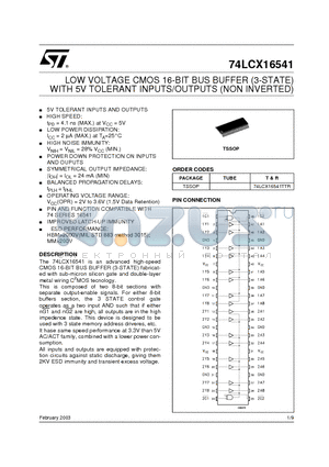 74LCX16541TTR datasheet - LOW VOLTAGE CMOS 16-BIT BUS BUFFER (3-STATE) WITH 5V TOLERANT INPUTS/OUTPUTS (NON INVERTED)