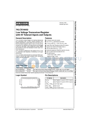 74LCX16652MTD datasheet - Low Voltage Transceiver/Register with 5V Tolerant Inputs and Outputs