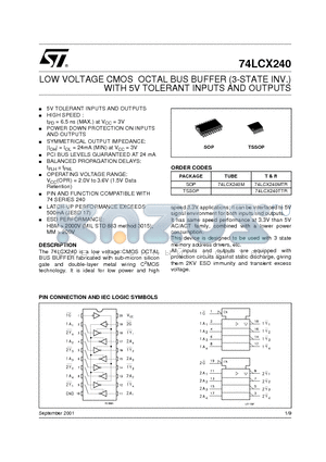 74LCX240 datasheet - LOW VOLTAGE CMOS OCTAL BUS BUFFER (3-STATE INV) WITH 5V TOLERANT INPUTS AND OUTPUTS