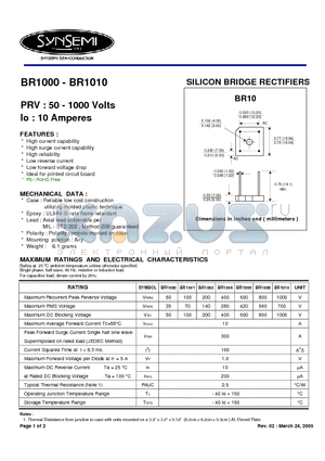 BR1006 datasheet - SILICON BRIDGE RECTIFIERS