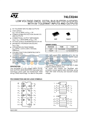 74LCX244MTR datasheet - LOW COLTAGE CMOS OCTAL BUS BUFFER (3-STATE) WITH 5V TOLERANT INPUTS AND OUTPUTS