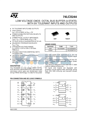 74LCX244TTR datasheet - LOW COLTAGE CMOS OCTAL BUS BUFFER (3-STATE) WITH 5V TOLERANT INPUTS AND OUTPUTS