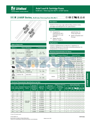 0215001.MRET1P datasheet - 215SP Series, 5x20 mm, Time-Lag Fuse (Slo-Blo^)