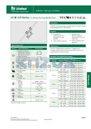 0215002.MRGT1P datasheet - 215 Series, 5 x 20 mm, Time-Lag (Slo-Blo^) Fuse