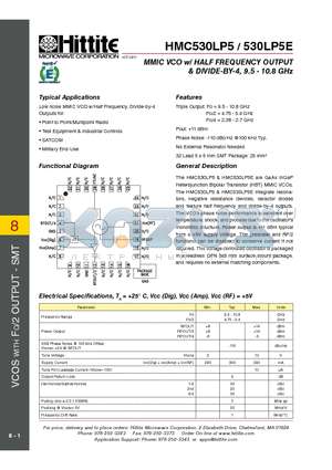 530LP5E datasheet - MMIC VCO w/ HALF FREQUENCY OUTPUT & DIVIDE-BY-4, 9.5 - 10.8 GHz