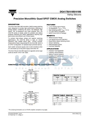 DG417BDJ datasheet - Precision Monolithic Quad SPST CMOS Analog Switches