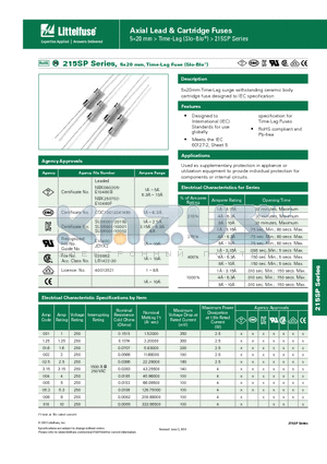 0215005.MXESPP datasheet - 215SP Series, 5x20 mm, Time-Lag Fuse (Slo-Blo^)
