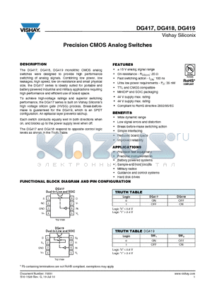 DG417DY-T1-E3 datasheet - Precision CMOS Analog Switches