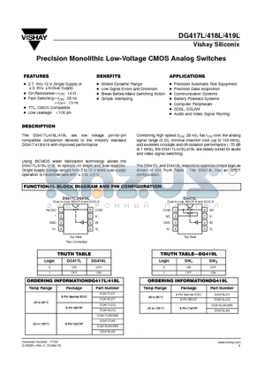 DG417LAK/883 datasheet - Precision Monolithic Low-Voltage CMOS Analog Switches