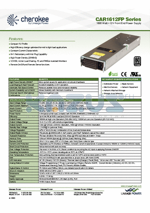 CAR1612FPY0-1A datasheet - 1600 Watt 12V Front End Power Supply