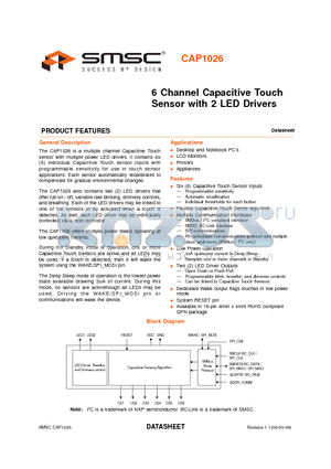 CAP1026-1-AP-TR datasheet - 6 Channel Capacitive Touch Sensor with 2 LED Drivers
