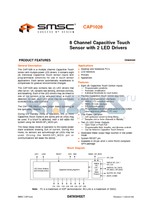 CAP1028 datasheet - 8 Channel Capacitive Touch Sensor with 2 LED Drivers