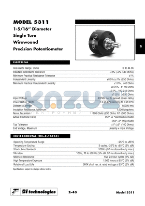 5311 datasheet - 1-5/16 Diameter Single Turn Wirewound Precision Potentiometer